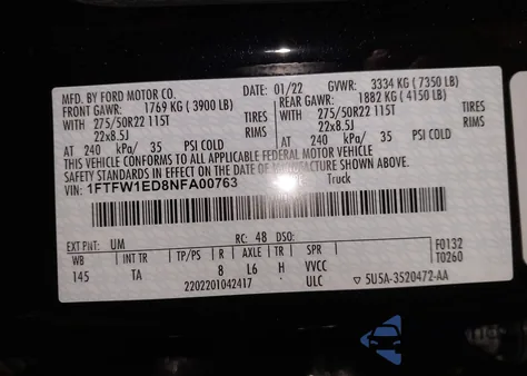 2022 Ford F-150 Limited from USA, damaged, VIN 1FTFW1ED8NFA00763